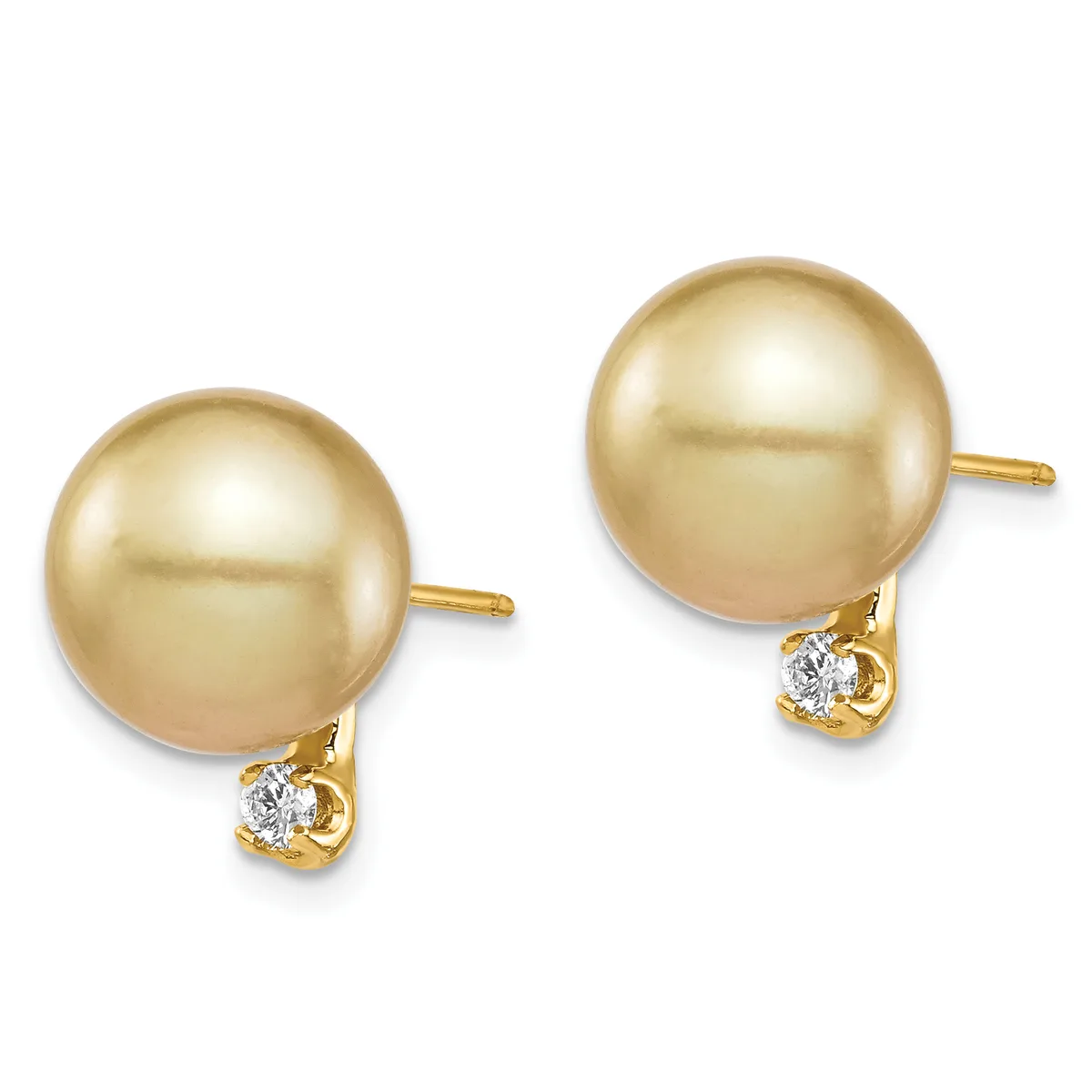 Pair of gold stud earrings featuring large golden pearl spheres with small diamond accents mounted on gold posts.