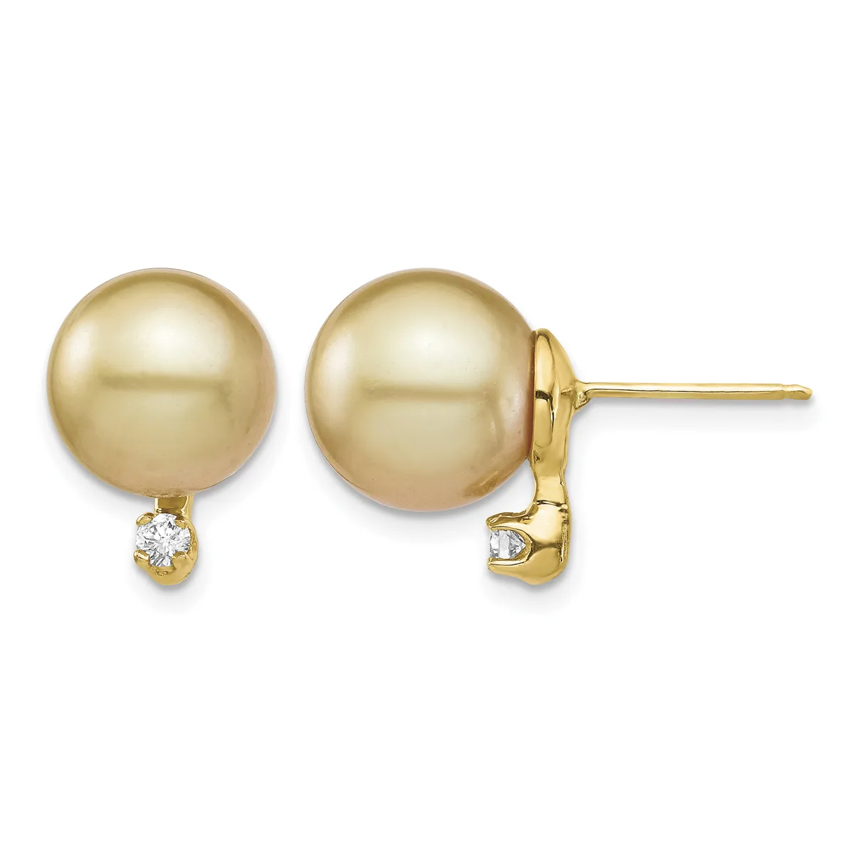 Pair of gold stud earrings featuring round golden pearls with small diamond accents suspended below, shown from front and back views.