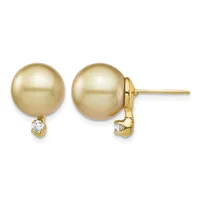 Pair of gold stud earrings featuring round golden pearls with small diamond accents suspended below, shown from front and back views.