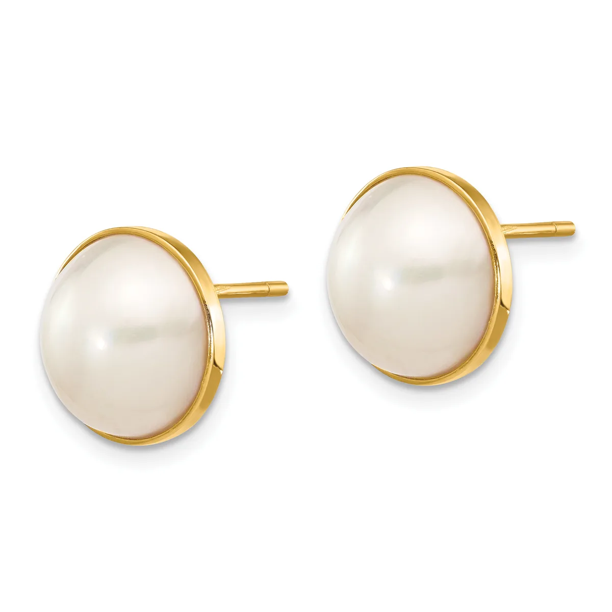 A pair of gold stud earrings, each featuring a white pearl set in a bezel mounting with a polished gold finish.