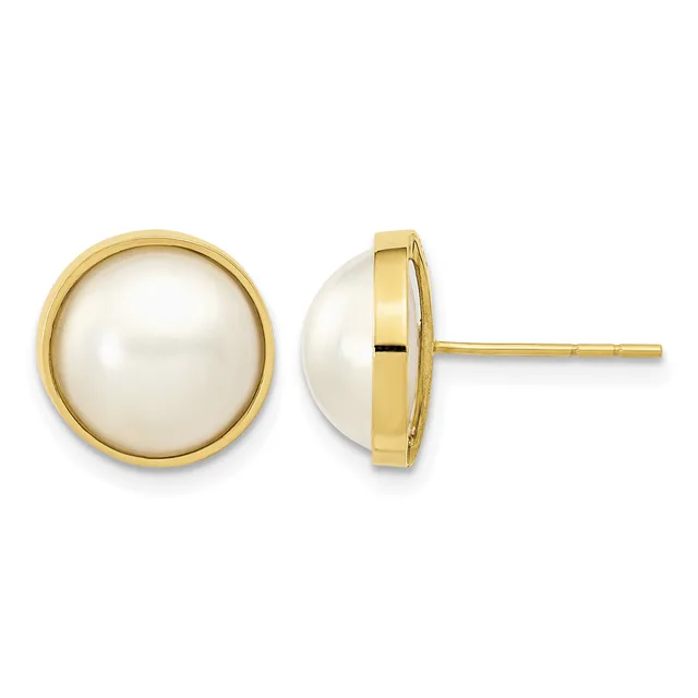 Pair of round white pearl stud earrings set in yellow gold shown from front and side views.