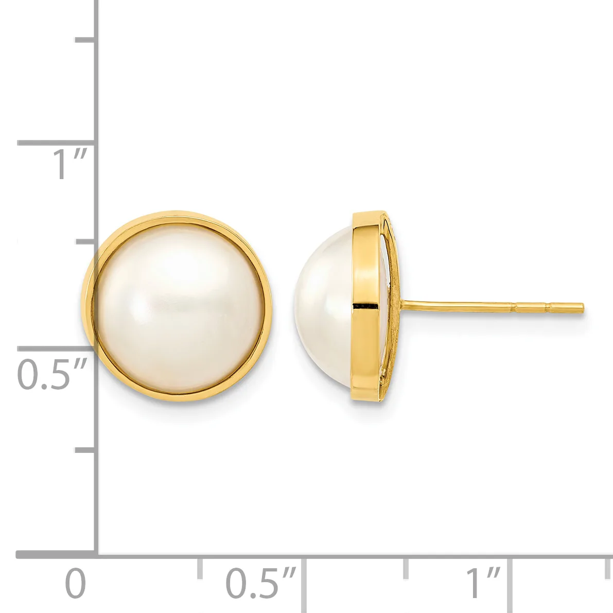 Gold stud earrings with round white pearl tops, shown from front and side view next to a measurement scale.