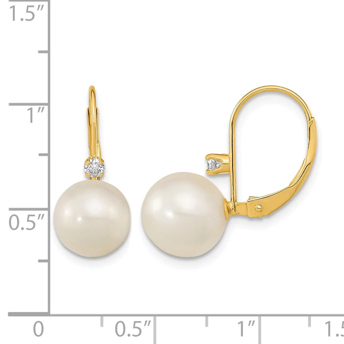 Gold leverback earrings with cream-colored pearl drops and diamond accents, displayed next to a measurement ruler.