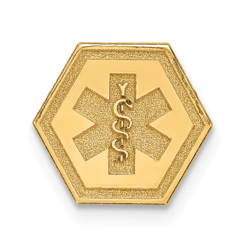 Gold hexagonal medical alert tag featuring a central Star of Life symbol with two intertwined snakes.
