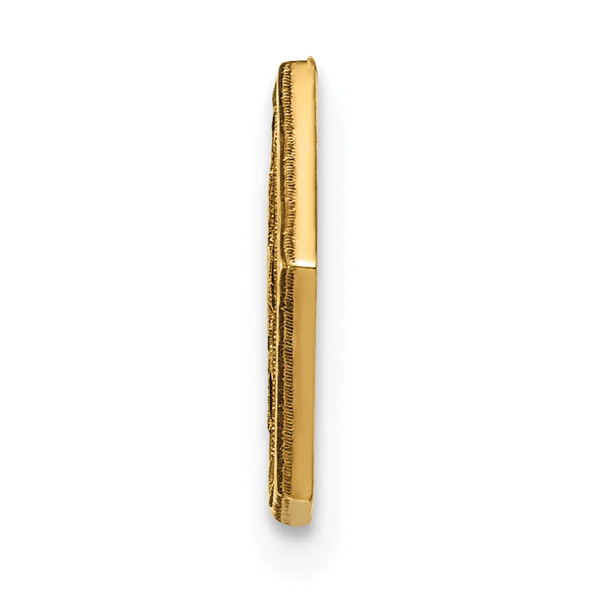 A gold-toned cylindrical bangle bracelet with textured surface detail, shown vertically against a white background.