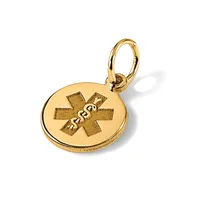 Gold circular medical alert pendant with a star of life symbol and caduceus, attached to a gold loop bail.
