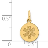 Gold circular medical alert pendant with a star of life symbol and caduceus, shown next to a ruler indicating approximately half an inch in diameter.
