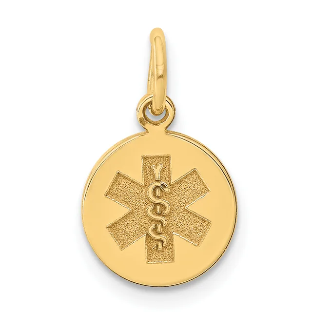 Gold circular pendant with a medical symbol featuring a star of life crossed with a caduceus, suspended from a gold bail.