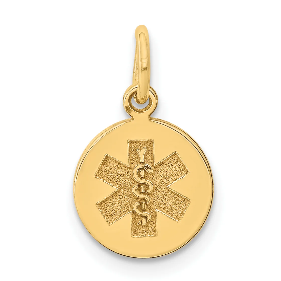 Gold circular pendant with a medical symbol featuring a star of life crossed with a caduceus, suspended from a gold bail.