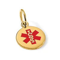 Gold-toned circular medical alert pendant with red enameled star of life symbol and caduceus, suspended from a gold loop bail.