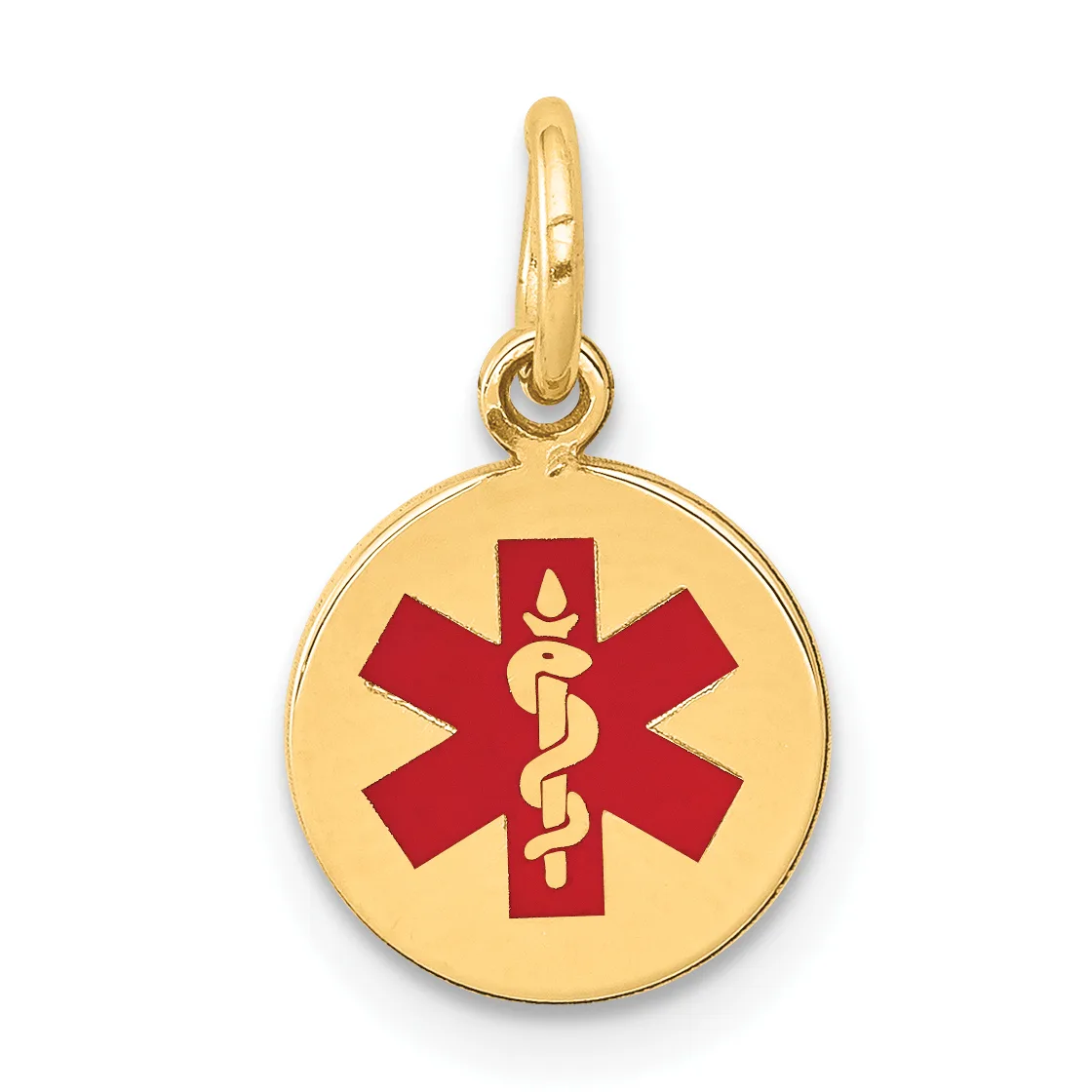 Gold circular medical alert pendant with red enamel star of life symbol and gold caduceus in the center, suspended from a gold bail.