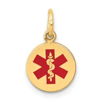 Gold circular medical alert pendant with red enamel star of life symbol and gold caduceus in the center, suspended from a gold bail.