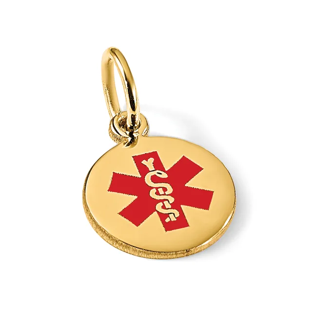 Gold-toned circular medical alert pendant with red enameled Star of Life symbol and snake staff, suspended from a gold loop bail.
