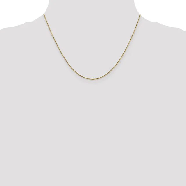 A thin gold-toned chain necklace displayed on a mannequin bust against a white background.