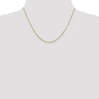 A thin gold-toned chain necklace displayed on a mannequin bust against a white background.