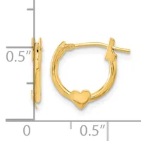Pair of polished gold-tone hoop earrings with small heart charms, displayed against a measurement grid showing approximately 0.5 inches in diameter.