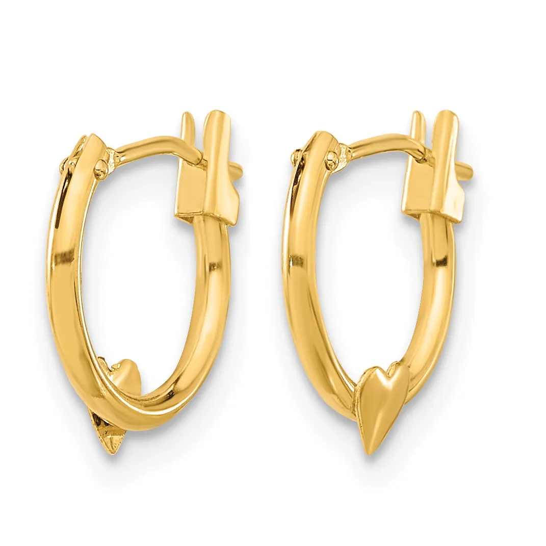 A pair of polished gold hoop earrings with hinged closures, displayed against a white background.