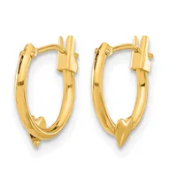A pair of polished gold hoop earrings with hinged closures, displayed against a white background.