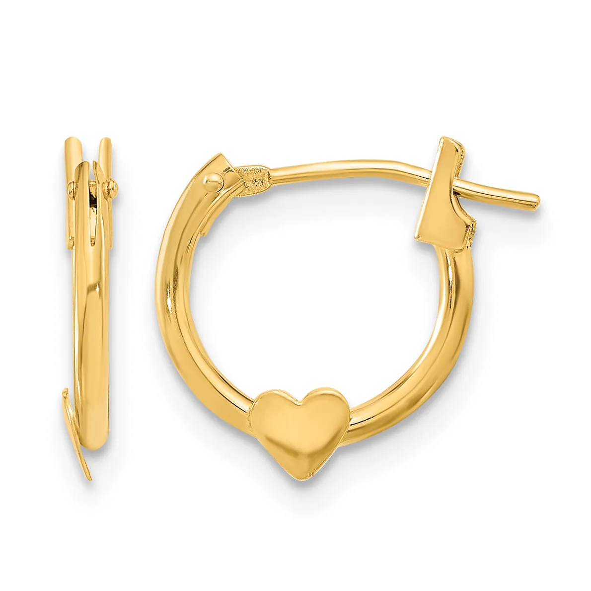 Pair of gold hoop earrings with heart charms, shown from front and side views, featuring polished finish and hinged posts.