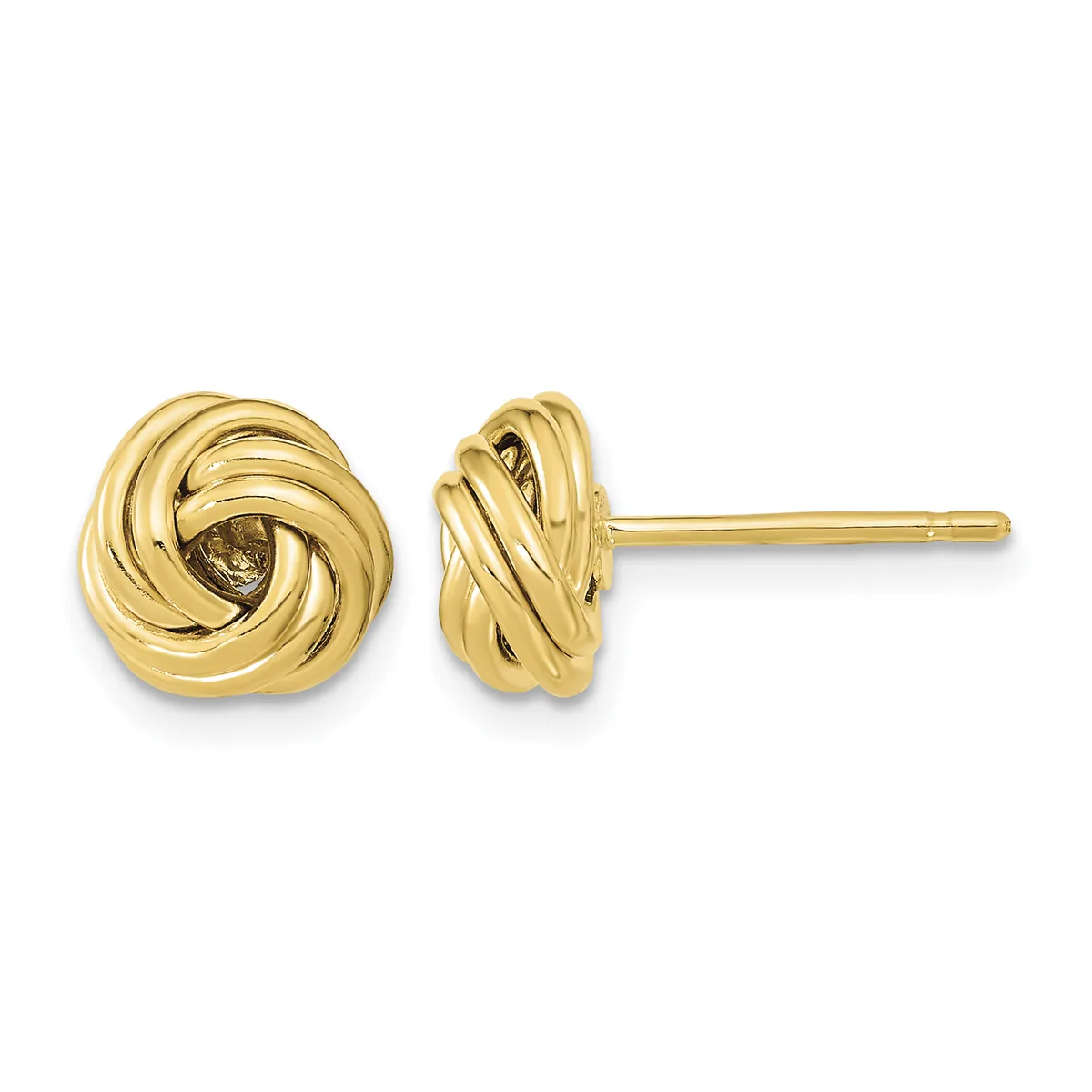 Pair of gold love knot stud earrings with post and butterfly backs, shown from front and side angles.