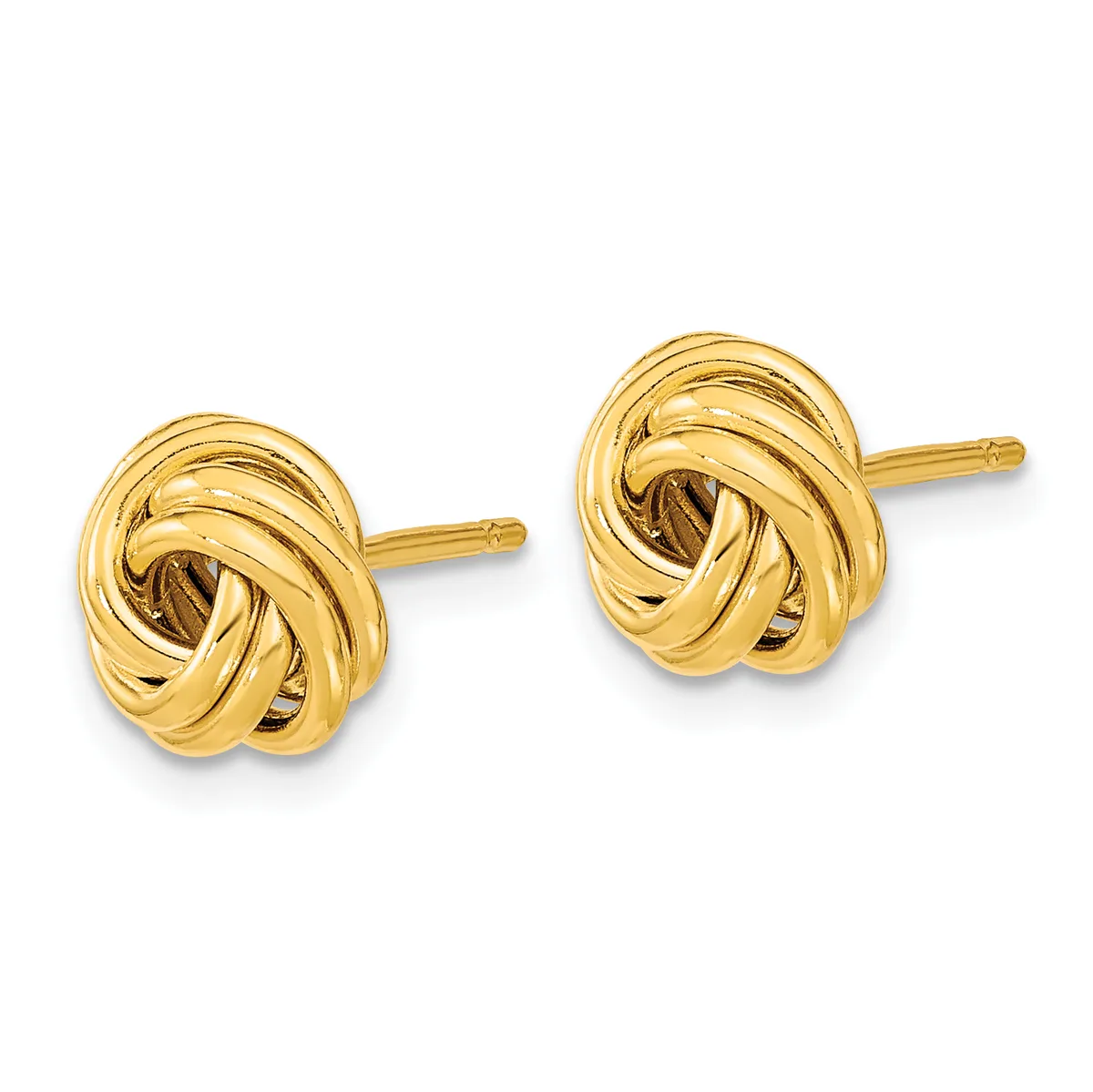 A pair of polished yellow gold twisted knot stud earrings with post and friction back closures, displayed against a white background.