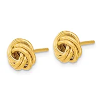 A pair of polished yellow gold twisted knot stud earrings with post and friction back closures, displayed against a white background.