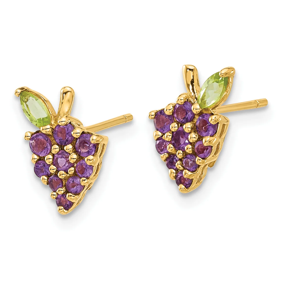 A pair of gold stud earrings shaped like grapes, each featuring a green peridot leaf at the top and clustered purple amethyst stones forming the grape bunch below.