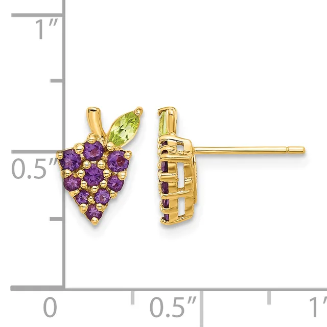 Pair of gold stud earrings shaped like grape clusters set with purple amethyst stones and a green peridot leaf, shown front and back view with measurement scale.