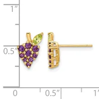 Pair of gold stud earrings shaped like grape clusters set with purple amethyst stones and a green peridot leaf, shown front and back view with measurement scale.
