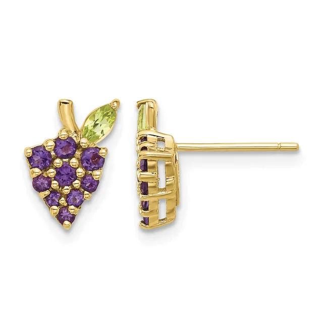 A pair of gold stud earrings shaped like grapes, featuring purple amethyst stones clustered in a bunch with peridot leaves on top, shown from front and back views.