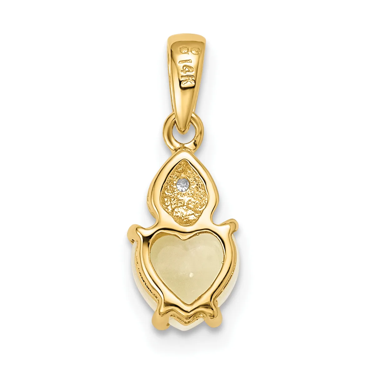 Gold pendant featuring a heart-shaped stone in the center with a teardrop-shaped faceted stone above it, suspended from a bale with a small stamped hallmark.