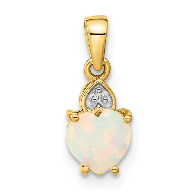 A gold pendant featuring a heart-shaped opalescent stone held by four prongs, with a decorative heart-shaped bail set with a small diamond, suspended from a polished gold bail.