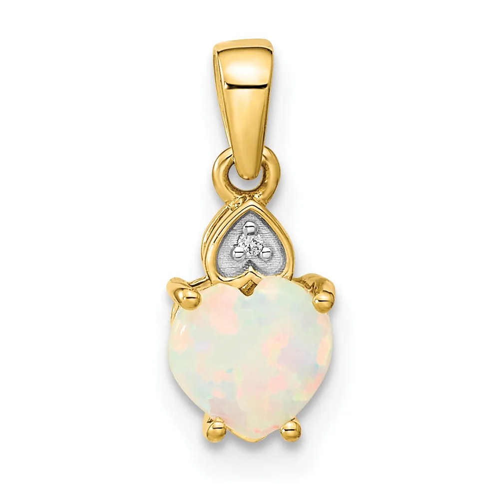 A gold pendant featuring a heart-shaped opalescent stone held by four prongs, with a decorative heart-shaped bail set with a small diamond, suspended from a polished gold bail.