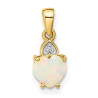 A gold pendant featuring a heart-shaped opalescent stone held by four prongs, with a decorative heart-shaped bail set with a small diamond, suspended from a polished gold bail.