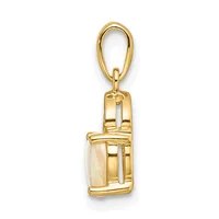 A gold pendant with an oval bail featuring a rectangular opal stone set in a gold frame with horizontal accent bands, shown against a white background.