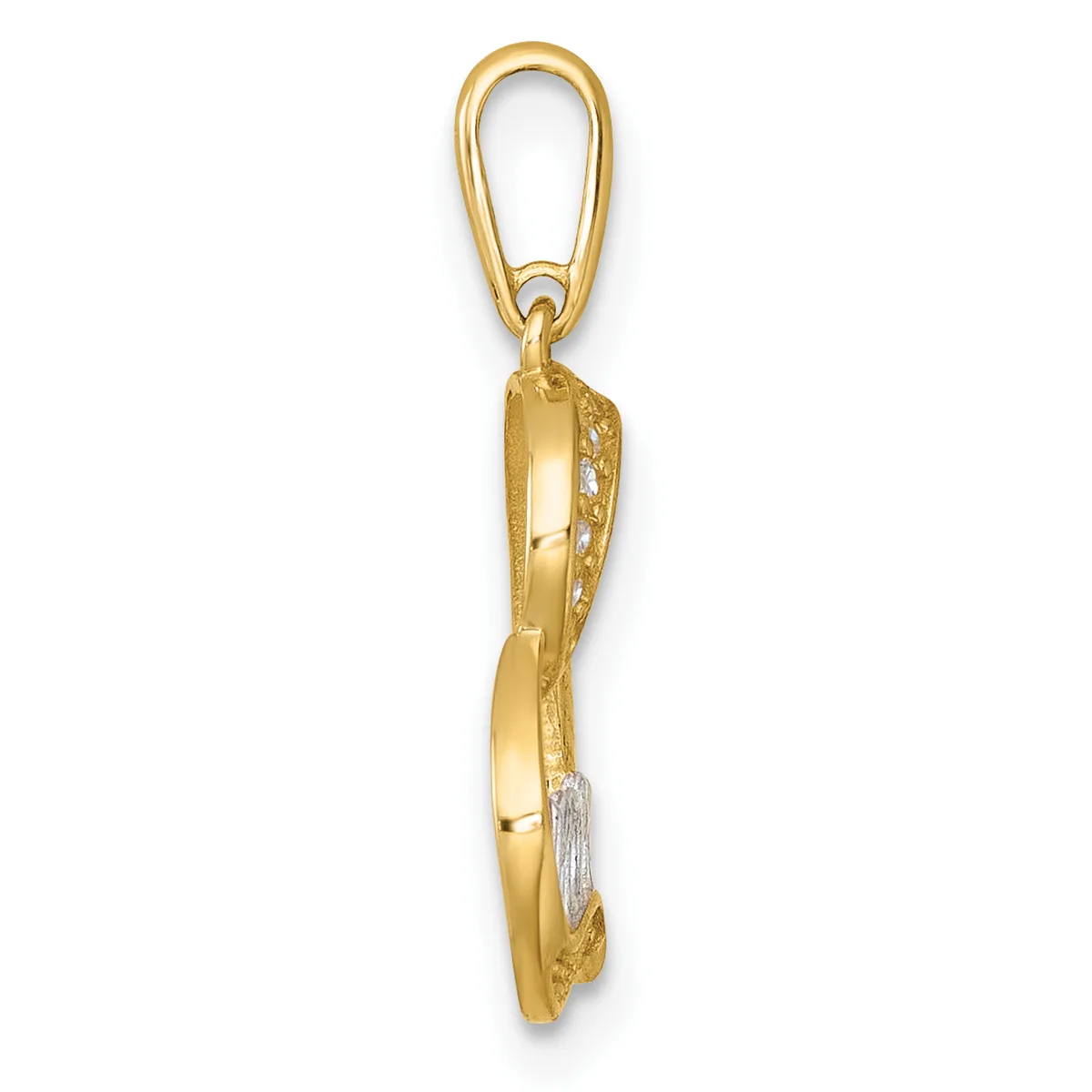 A gold pendant with a twisted design and diamond accents, suspended from a gold bail loop.
