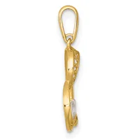 A gold pendant with a twisted design and diamond accents, suspended from a gold bail loop.