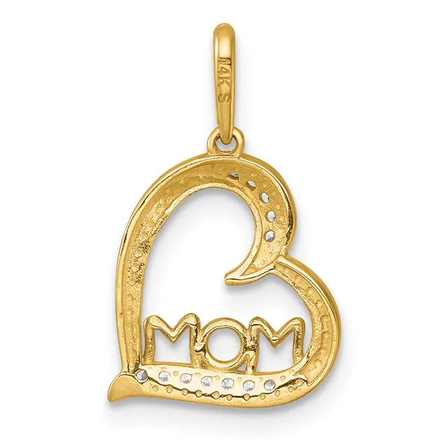 Gold heart-shaped pendant with "MOM" cutout in the center, decorated with small diamonds around the edges and a bail loop at the top.
