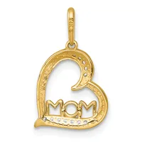 Gold heart-shaped pendant with "MOM" cutout in the center, decorated with small diamonds around the edges and a bail loop at the top.