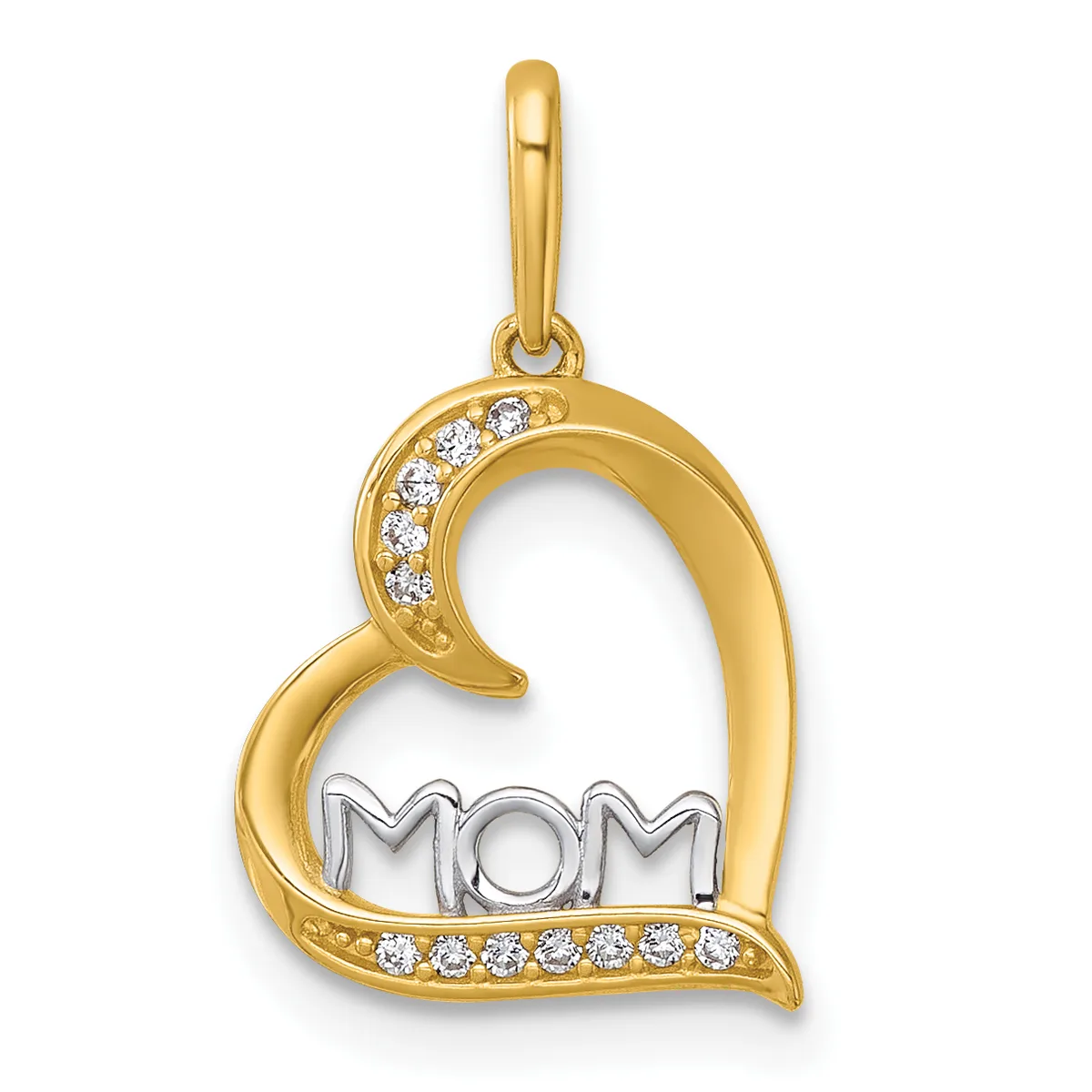 A gold heart-shaped pendant with diamond accents along the curves and the word "MOM" in silver at the center, suspended from a gold bail.