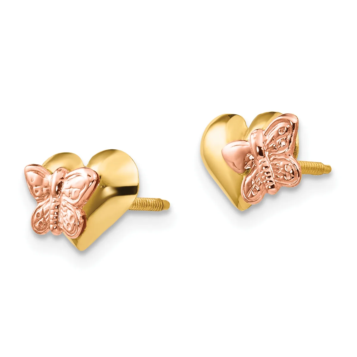 A pair of gold heart stud earrings with rose gold butterfly accents and screw backs, shown from two angles.