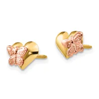 A pair of gold heart stud earrings with rose gold butterfly accents and screw backs, shown from two angles.