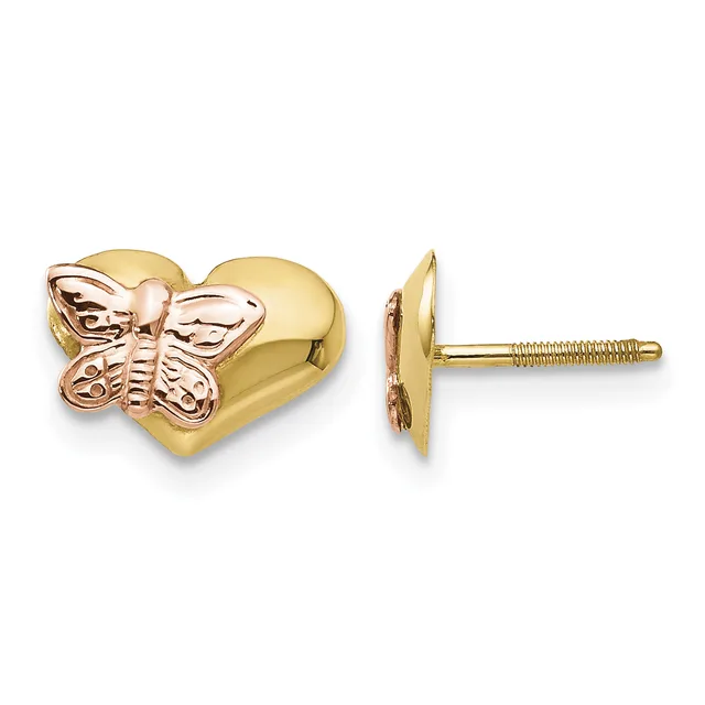 A pair of gold stud earrings featuring a heart shape with a rose gold butterfly design, shown from front and side views with visible screw posts.