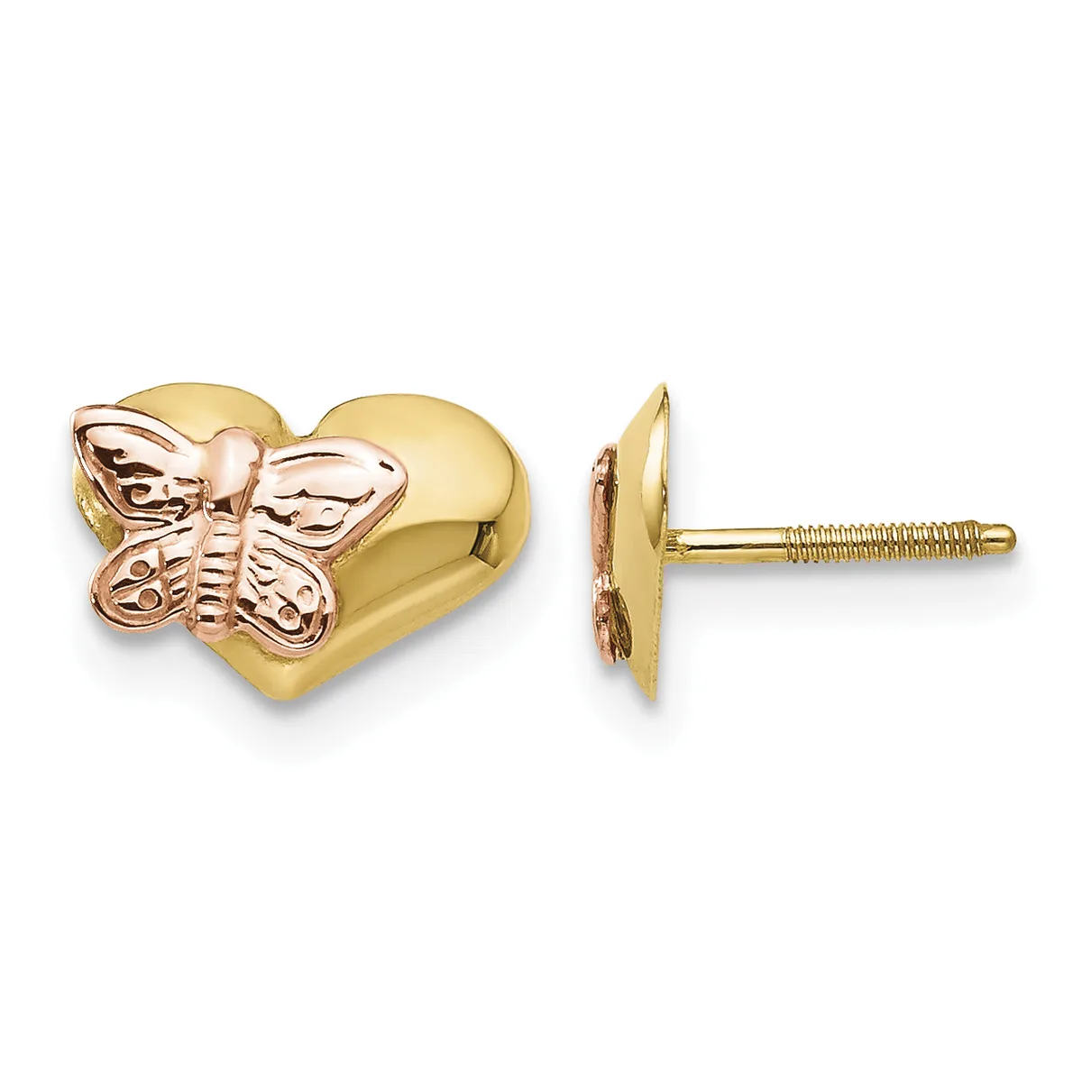 A pair of gold stud earrings featuring a heart shape with a rose gold butterfly design, shown from front and side views with visible screw posts.