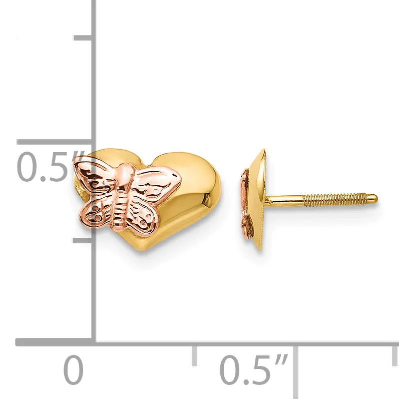 Gold heart stud earrings with rose gold butterfly accents, shown front and side view on a measurement scale indicating approximately 0.5 inch size.