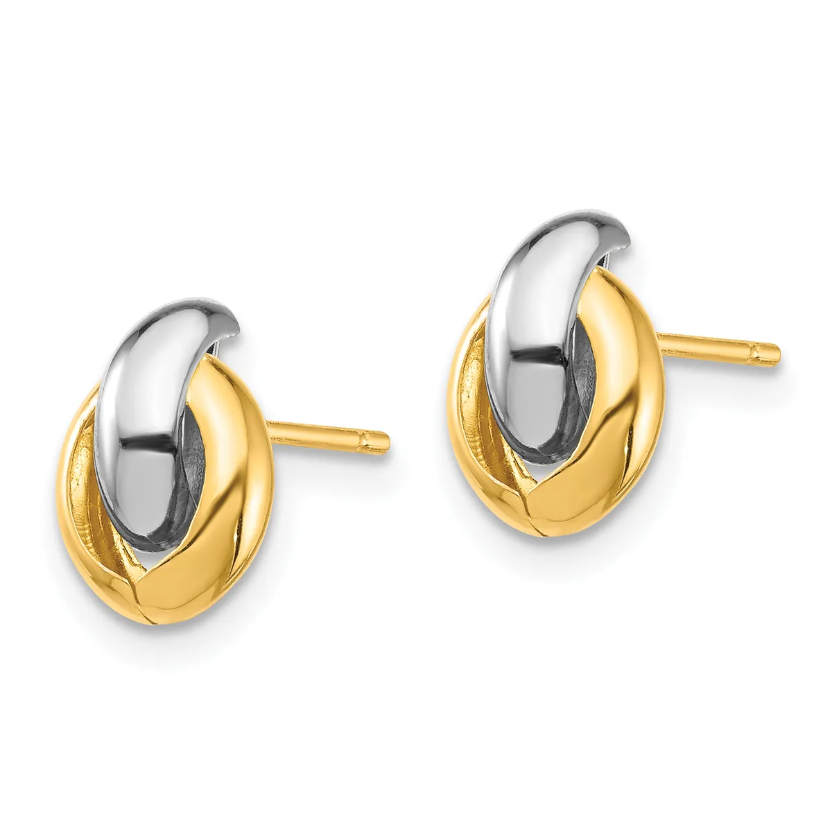 A pair of two-tone stud earrings featuring polished yellow gold ovals overlaid with white gold curved tops, shown against a white background.