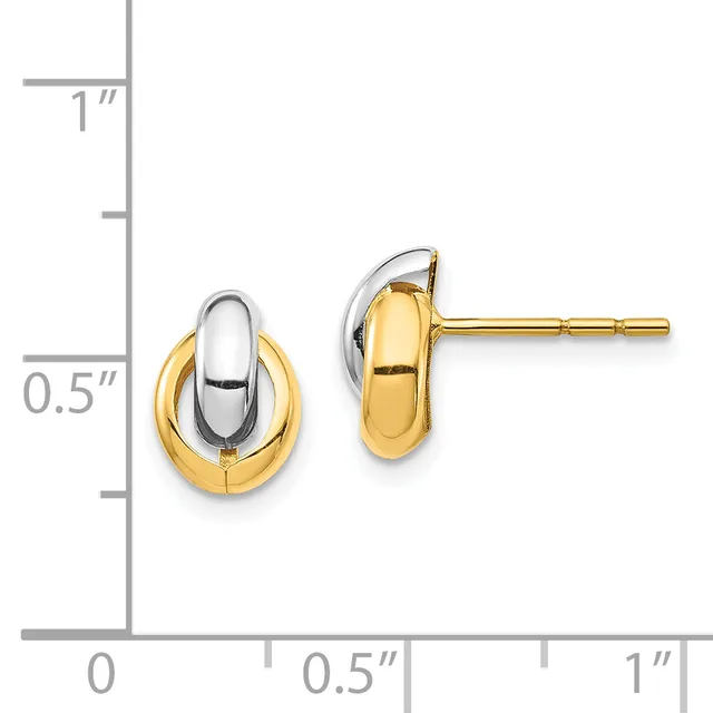 Two-tone gold and silver stud earrings with interlocking oval designs, shown next to a measurement scale indicating approximately half an inch in height.