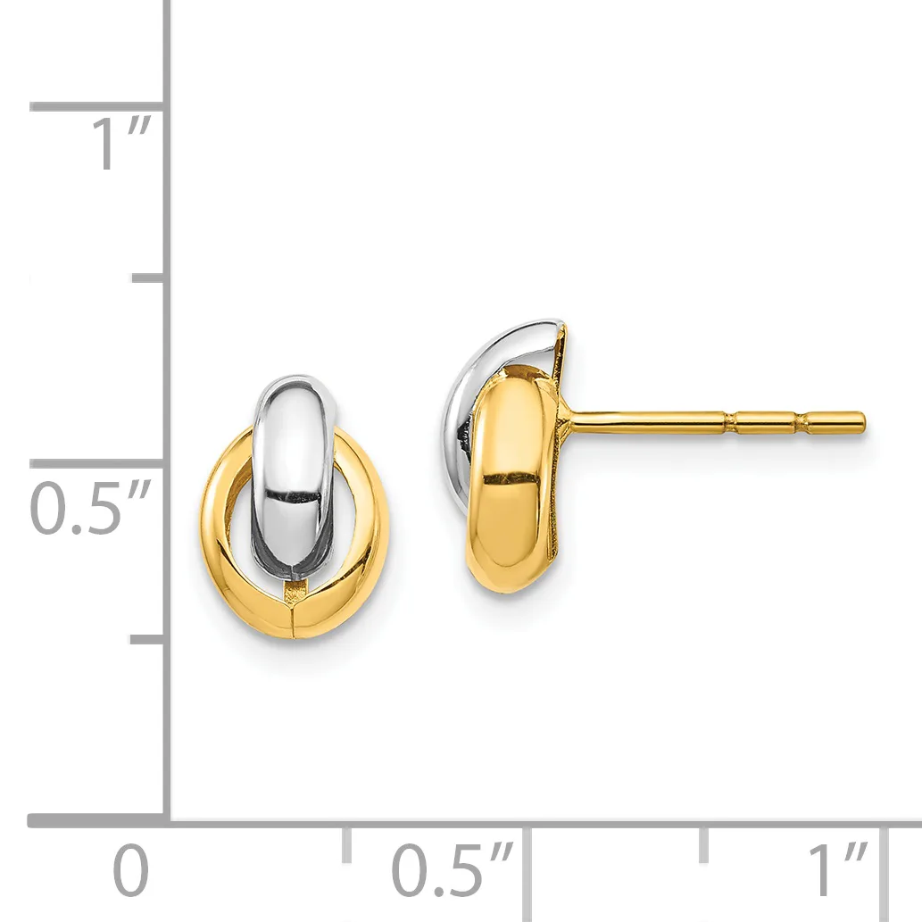 Two-tone gold and silver stud earrings with interlocking oval designs, shown next to a measurement scale indicating approximately half an inch in height.
