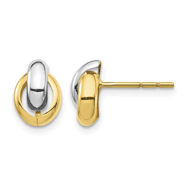 Pair of two-tone gold stud earrings featuring polished oval shapes with white gold inner loops and yellow gold outer curved bands, shown from front and side views.