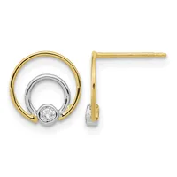 Two-tone gold and white metal stud earrings featuring circular open designs with small round diamond centers, shown from front and side views.